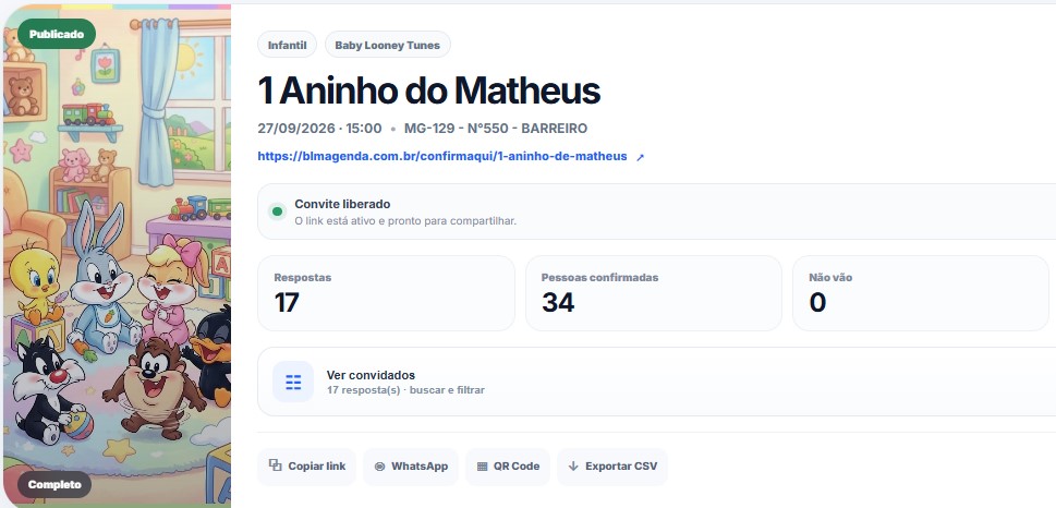 Painel real do BLM Eventos com respostas e ações